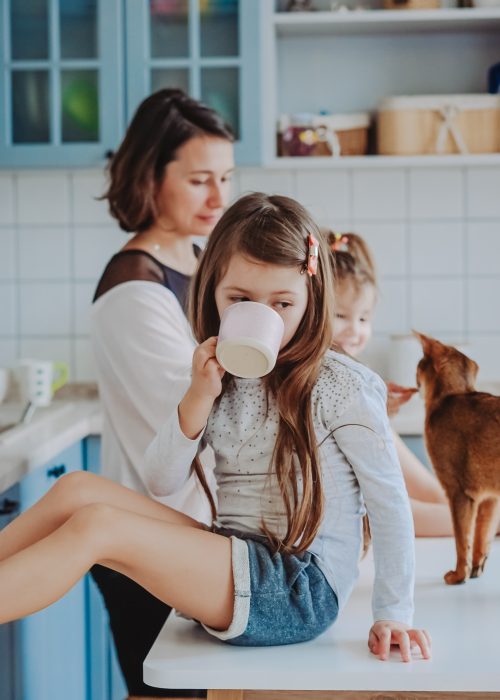 Attractive young woman and her two little cute daughters have fun in the kitchen